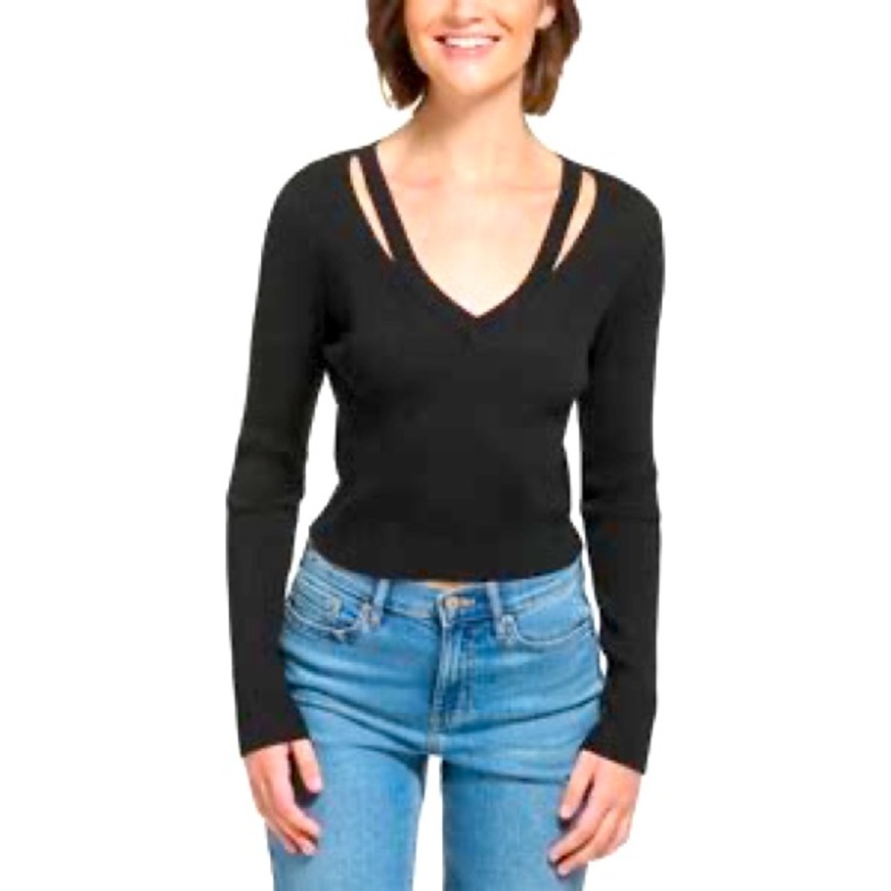 Calvin Klein Cropped Rib-Knit Cut-Out V-Neck Top: NWT